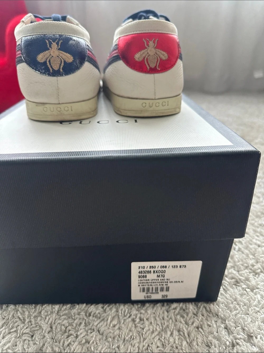 Gucci Men’s Cream Leather Sneakers with Black & Red Stripes